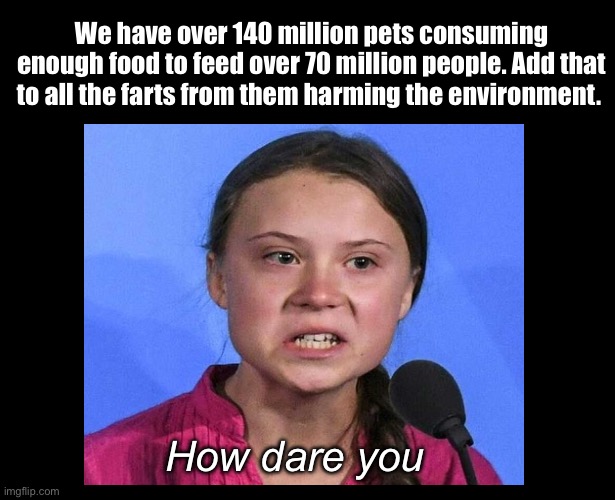 If you have a pet, you’re harming the environment | We have over 140 million pets consuming enough food to feed over 70 million people. Add that to all the farts from them harming the environment. How dare you | image tagged in blank black,politics lol,memes | made w/ Imgflip meme maker