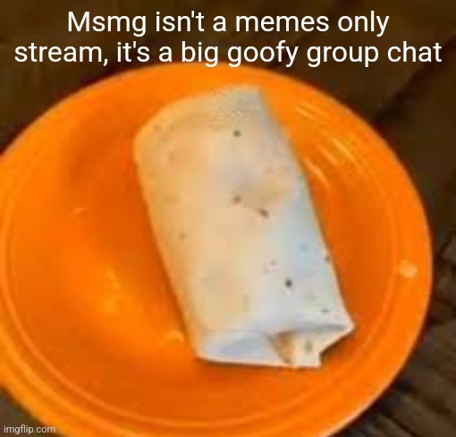 JimmyHere Burrito | Msmg isn't a memes only stream, it's a big goofy group chat | image tagged in jimmyhere burrito | made w/ Imgflip meme maker