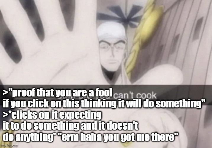 if you wanna fool people at least try to be inconspicuous about it | >"proof that you are a fool if you click on this thinking it will do something"
>*clicks on it expecting it to do something and it doesn't do anything* "erm haha you got me there" | image tagged in stop bro you can't cook | made w/ Imgflip meme maker
