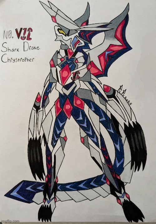 Made a character based on one of my dad's favorite yugioh cards (No. 32: Shark Drake and variants) for his birthday. | image tagged in inking this was a nightmare,this drawing was a nightmare,never doing anything yugioh inspired again | made w/ Imgflip meme maker