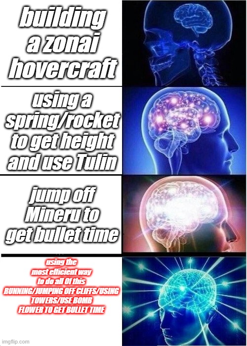 Expanding Brain Meme | building a zonai hovercraft; using a spring/rocket to get height and use Tulin; jump off Mineru to get bullet time; using the most efficient way to do all 0f this

RUNNING/JUMPING OFF CLIFFS/USING TOWERS/USE BOMB FLOWER TO GET BULLET TIME | image tagged in memes,expanding brain | made w/ Imgflip meme maker