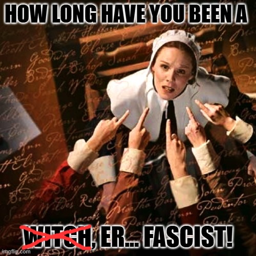 Fascist hunt; same tactic, different term. | HOW LONG HAVE YOU BEEN A; WITCH, ER... FASCIST! | image tagged in witch hunt | made w/ Imgflip meme maker