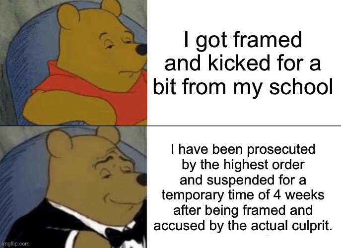 Tuxedo Winnie The Pooh | I got framed and kicked for a bit from my school; I have been prosecuted by the highest order and suspended for a temporary time of 4 weeks after being framed and accused by the actual culprit. | image tagged in memes,tuxedo winnie the pooh | made w/ Imgflip meme maker