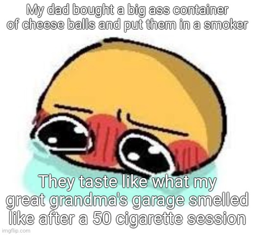 amb shamb bbbmba | My dad bought a big ass container of cheese balls and put them in a smoker; They taste like what my great grandma's garage smelled like after a 50 cigarette session | image tagged in amb shamb bbbmba | made w/ Imgflip meme maker