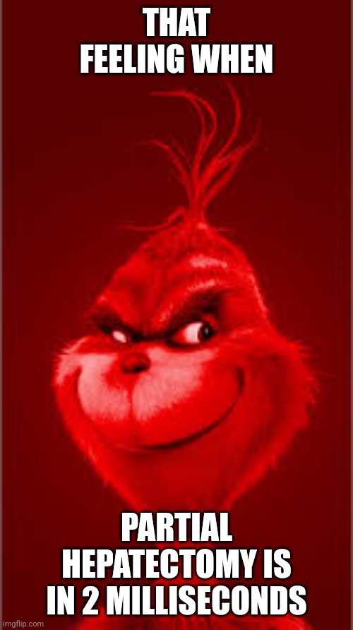 Red Grinch | THAT FEELING WHEN; PARTIAL HEPATECTOMY IS IN 2 MILLISECONDS | image tagged in red grinch | made w/ Imgflip meme maker