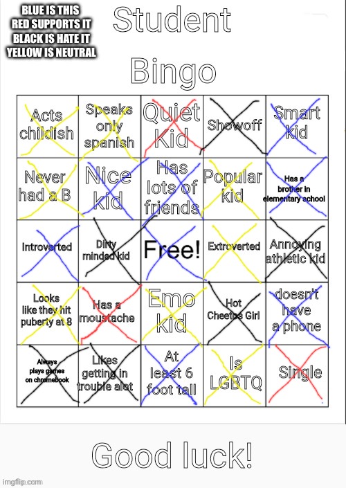 Student Bingo | BLUE IS THIS 
RED SUPPORTS IT
BLACK IS HATE IT
YELLOW IS NEUTRAL | image tagged in student bingo | made w/ Imgflip meme maker