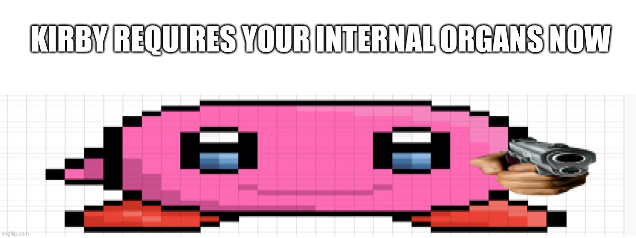 Kirby went broke | KIRBY REQUIRES YOUR INTERNAL ORGANS NOW | image tagged in wide kirby gun | made w/ Imgflip meme maker