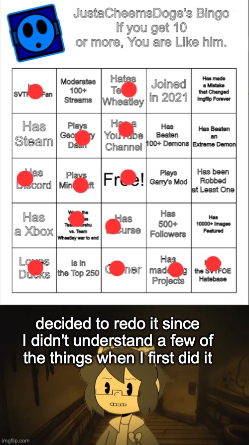 decided to redo it since I didn't understand a few of the things when I first did it | image tagged in justacheemsdoge's bingo,kel in batim | made w/ Imgflip meme maker