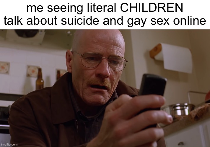 You are NOT a “:3”!!!!! YOU’RE 14!!!! | me seeing literal CHILDREN talk about suicide and gay sex online | image tagged in walter white on his phone | made w/ Imgflip meme maker