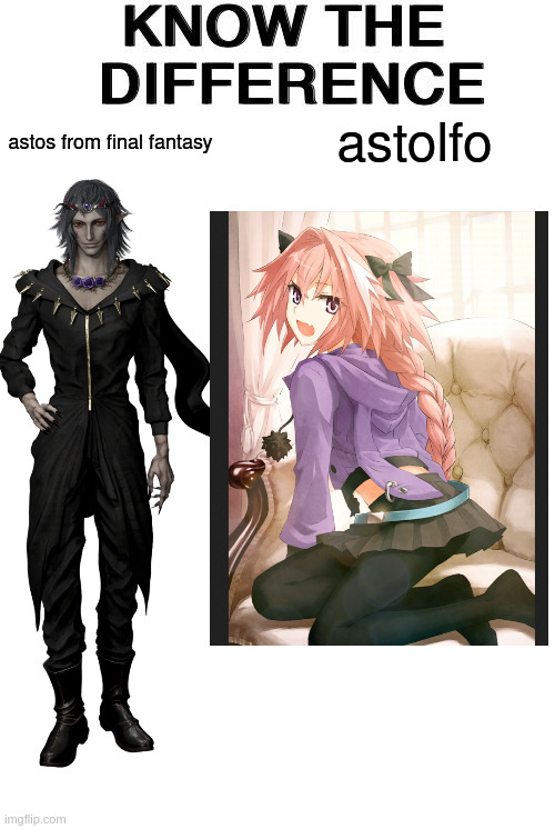 Sort of a showerthought, I was wondering why Astolfo's name gave me "dark elf" vibes | astolfo; astos from final fantasy | image tagged in know the difference,astos,astolfo | made w/ Imgflip meme maker