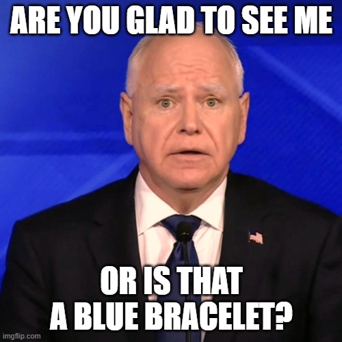 Walz wants to know... | ARE YOU GLAD TO SEE ME; OR IS THAT A BLUE BRACELET? | image tagged in tim walz debate 2024 | made w/ Imgflip meme maker