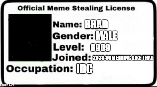 Meme Stealing License | BRAD MALE 6969 2023 SOMETHING LIKE THAT IDC | image tagged in meme stealing license | made w/ Imgflip meme maker