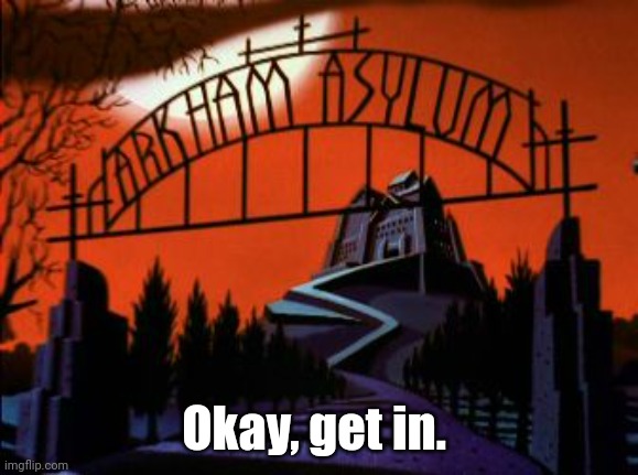 Arkham Asylum | Okay, get in. | image tagged in arkham asylum | made w/ Imgflip meme maker