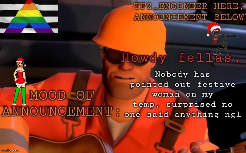 Tf2_Engineer's festivized announcement template | Nobody has pointed out festive woman on my temp, surprised no one said anything ngl | image tagged in tf2_engineer's festivized announcement template | made w/ Imgflip meme maker