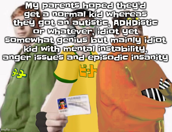 Spam Sega with this until a new jsr game comes out 2.5 | My parents hoped they'd get a normal kid whereas they got an autistic, ADHDistic or whatever, idiot yet somewhat genius but mainly idiot kid with mental instability, anger issues and episodic insanity | image tagged in spam sega with this until a new jsr game comes out 2 5 | made w/ Imgflip meme maker