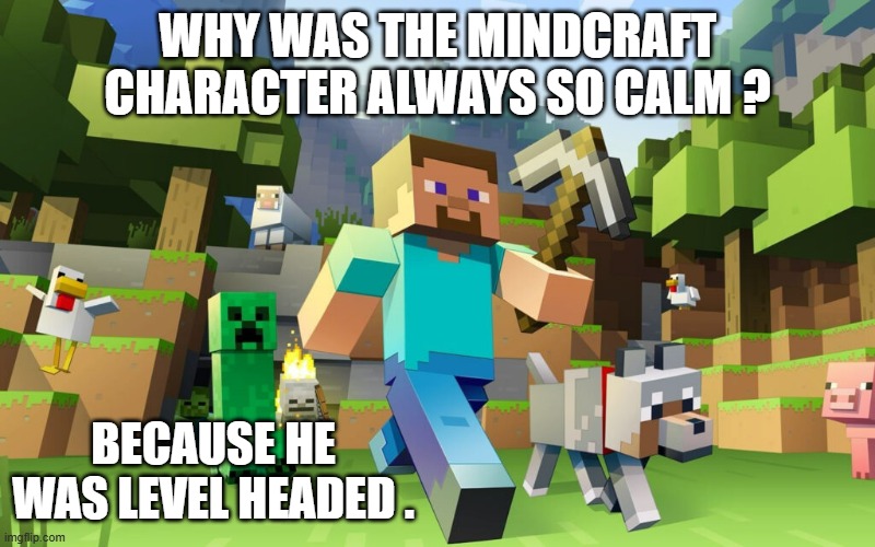 memes by Brad - Why was the Minecraft character always so calm? - humor - | WHY WAS THE MINDCRAFT CHARACTER ALWAYS SO CALM ? BECAUSE HE WAS LEVEL HEADED . | image tagged in gaming,funny,minecraft,humor,video games,computer games | made w/ Imgflip meme maker