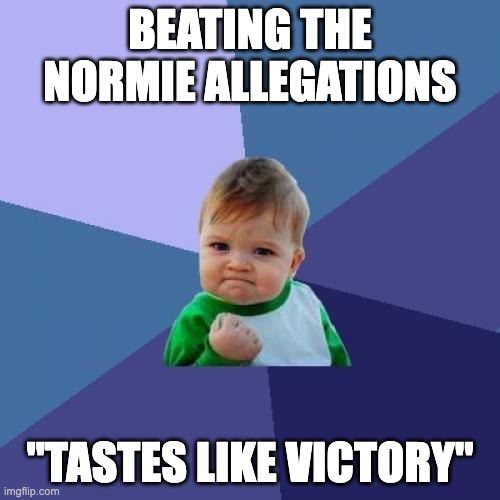 thanks god | BEATING THE NORMIE ALLEGATIONS; "TASTES LIKE VICTORY" | image tagged in memes,success kid | made w/ Imgflip meme maker