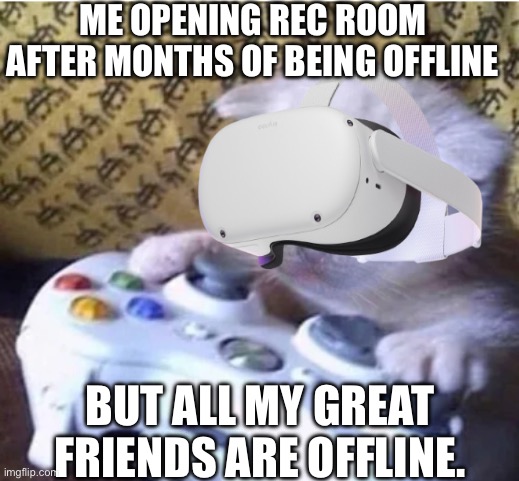 That feeling is just rough | ME OPENING REC ROOM AFTER MONTHS OF BEING OFFLINE; BUT ALL MY GREAT FRIENDS ARE OFFLINE. | image tagged in sad gaming cat | made w/ Imgflip meme maker