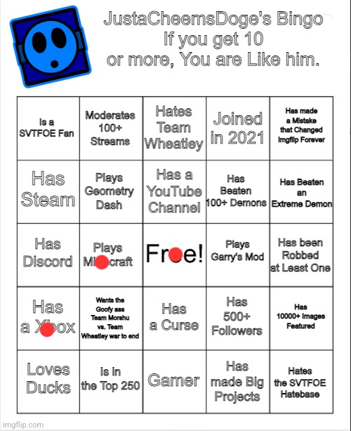 JustaCheemsDoge's Bingo | image tagged in justacheemsdoge's bingo | made w/ Imgflip meme maker