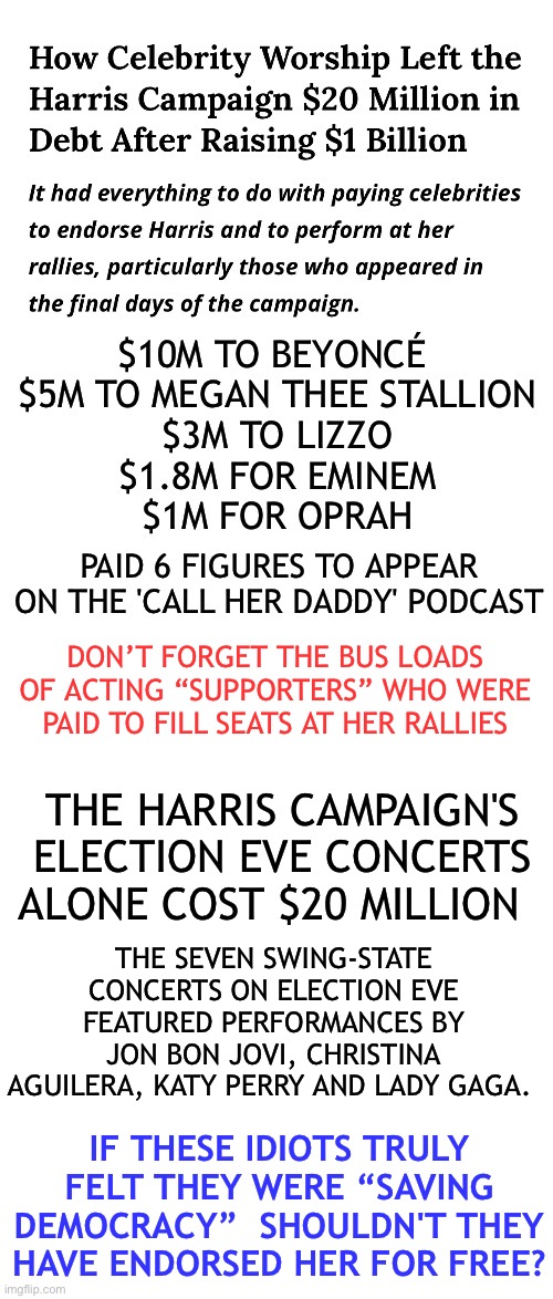 Bought and paid for | DON’T FORGET THE BUS LOADS OF ACTING “SUPPORTERS” WHO WERE PAID TO FILL SEATS AT HER RALLIES; THE SEVEN SWING-STATE CONCERTS ON ELECTION EVE FEATURED PERFORMANCES BY JON BON JOVI, CHRISTINA AGUILERA, KATY PERRY AND LADY GAGA. THE HARRIS CAMPAIGN'S ELECTION EVE CONCERTS ALONE COST $20 MILLION; IF THESE IDIOTS TRULY FELT THEY WERE “SAVING DEMOCRACY”  SHOULDN'T THEY HAVE ENDORSED HER FOR FREE? | image tagged in kamala harris,celebrities,fake people | made w/ Imgflip meme maker