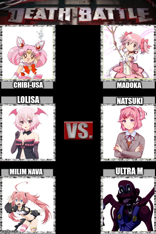 Ah yes who would win? there is also an imposter. | CHIBI-USA; MADOKA; LOLISA; NATSUKI; ULTRA M; MILIM NAVA | image tagged in doki doki literature club,konosuba,puella magi madoka magica,sailor moon,that time i got reincarnated as a slime,mario's madness | made w/ Imgflip meme maker