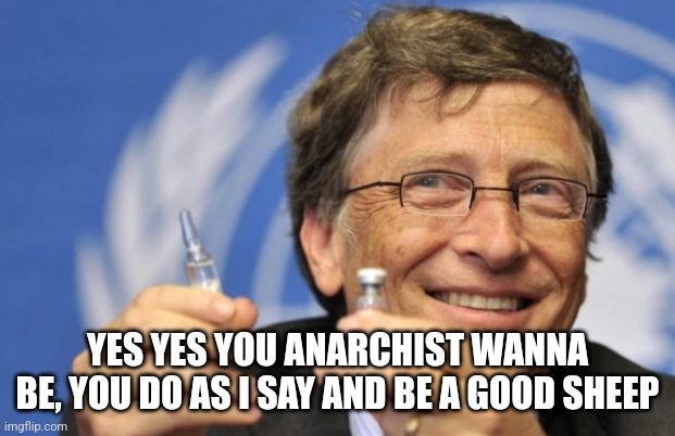 Bill Gates loves Vaccines | YES YES YOU ANARCHIST WANNA BE, YOU DO AS I SAY AND BE A GOOD SHEEP | image tagged in bill gates loves vaccines | made w/ Imgflip meme maker