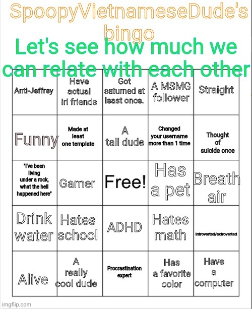 Cool bingo, see how much you can relate with me | image tagged in spoopyvietnamesedude's bingo,memes,msmg,custom template,new template | made w/ Imgflip meme maker