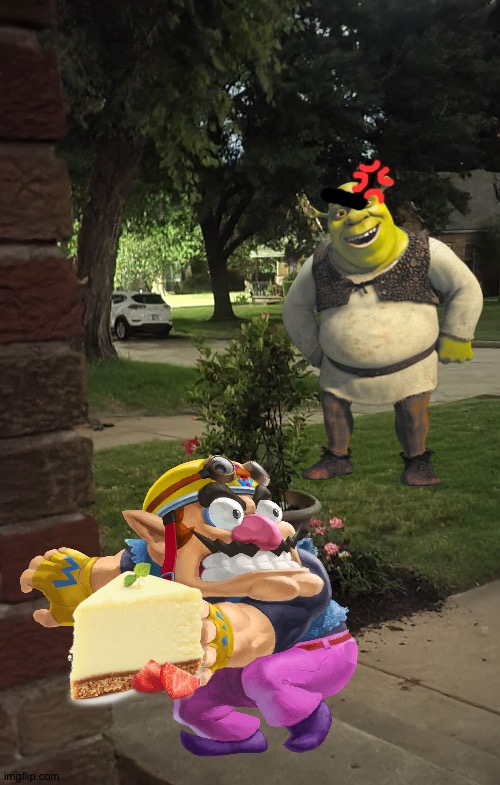 Wario dies by stealing Shrek's cheesecake | image tagged in hubs landscaping ideas,shrek,wario dies,crossover | made w/ Imgflip meme maker