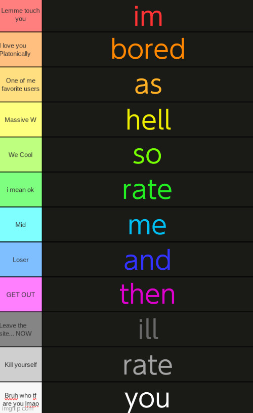 Ultimate Tierlist (made by republic of Texas) | im; bored; as; hell; so; rate; me; and; then; ill; rate; you | image tagged in ultimate tierlist made by republic of texas | made w/ Imgflip meme maker