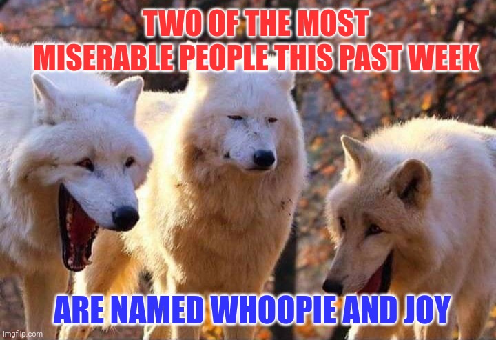 How Ironic | TWO OF THE MOST MISERABLE PEOPLE THIS PAST WEEK; ARE NAMED WHOOPIE AND JOY | image tagged in laughing wolf,joy,whoopi goldberg,donald trump,angry liberal | made w/ Imgflip meme maker