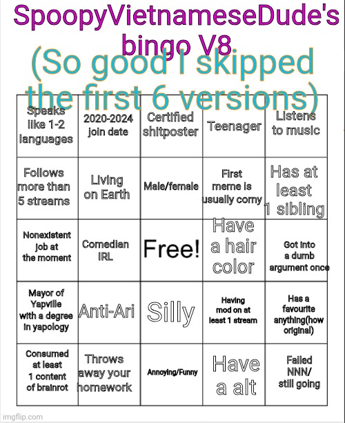 SpoopyVietnameseDude's bìno V8 | SpoopyVietnameseDude's bingo V8; (So good I skipped the first 6 versions); Certified shitposter; 2020-2024 join date; Listens to music; Speaks like 1-2 languages; Teenager; Male/female; Follows more than 5 streams; Has at least 1 sibling; First meme is usually corny; Living on Earth; Have a hair color; Nonexistent job at the moment; Comedian IRL; Got into a dumb argument once; Mayor of Yapville with a degree in yapology; Anti-Ari; Having mod on at least 1 stream; Silly; Has a favourite anything(how original); Throws away your homework; Failed NNN/ still going; Consumed at least 1 content of brainrot; Annoying/Funny; Have a alt | image tagged in blank bingo,memes,bingo,custom template,msmg | made w/ Imgflip meme maker