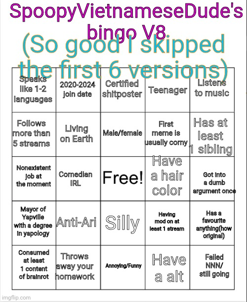 SpoopyVietnameseDude's bingo V8 Blank Meme Template