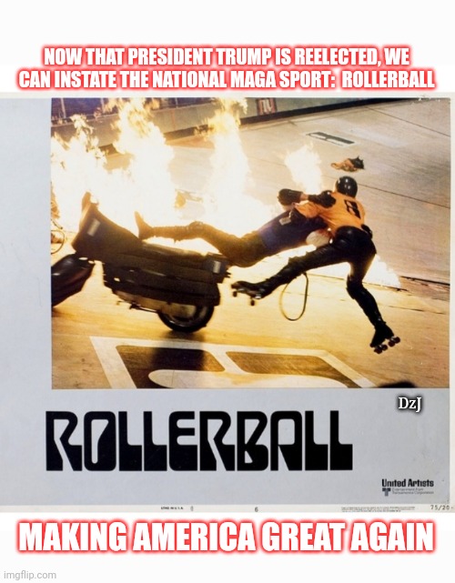 MAGA:  More than a game | NOW THAT PRESIDENT TRUMP IS REELECTED, WE CAN INSTATE THE NATIONAL MAGA SPORT:  ROLLERBALL; DzJ; MAKING AMERICA GREAT AGAIN | image tagged in libtard,morons,finished,butthurt liberals,you're fired,losers | made w/ Imgflip meme maker