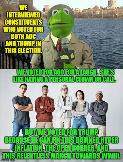 At least they had their reasons. | WE INTERVIEWED CONSTITUENTS WHO VOTED FOR BOTH AOC AND TRUMP IN THIS ELECTION. WE VOTED FOR AOC FOR A LAUGH.  SHE'S LIKE HAVING A PERSONAL CLOWN ON CALL. BUT WE VOTED FOR TRUMP BECAUSE HE CAN FIX THIS DAMNED HYPER INFLATION, THE OPEN BORDER, AND THIS RELENTLESS MARCH TOWARDS WWIII. | image tagged in kermit news report | made w/ Imgflip meme maker