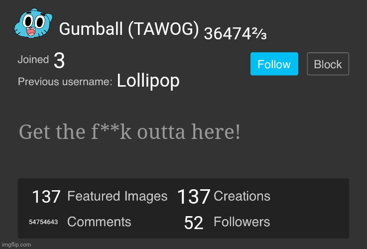 Gumball in imgflip? | Gumball (TAWOG); 36474⅔; 3; Lollipop; Get the f**k outta here! 137; 137; 54754643; 52 | image tagged in blank imgflip profile v2,the amazing world of gumball,imgflip battles | made w/ Imgflip meme maker