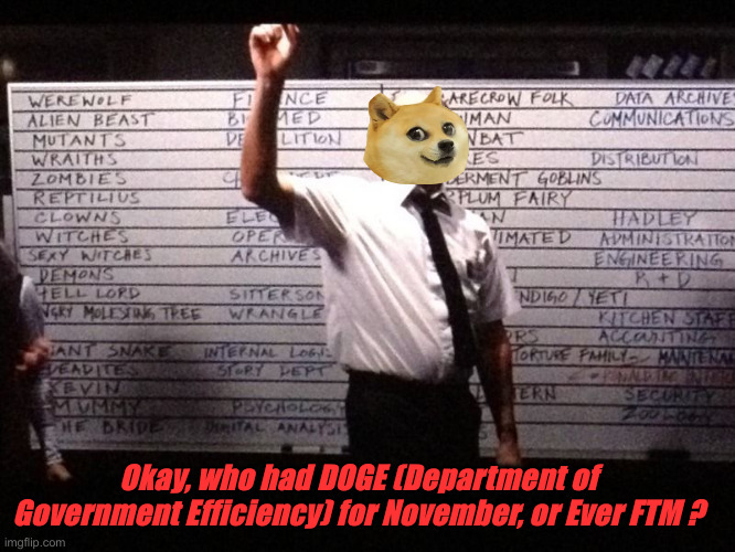 Making America Great Is Going To Be Great | Okay, who had DOGE (Department of Government Efficiency) for November, or Ever FTM ? | image tagged in cabin in the woods bets,political meme,politics,funny memes,funny,maga | made w/ Imgflip meme maker