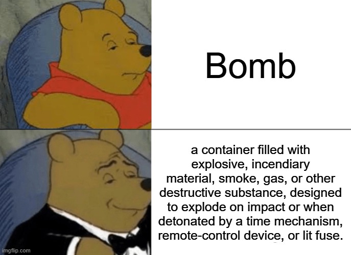 Big Brain | Bomb; a container filled with explosive, incendiary material, smoke, gas, or other destructive substance, designed to explode on impact or when detonated by a time mechanism, remote-control device, or lit fuse. | image tagged in memes,tuxedo winnie the pooh,bomb,funny | made w/ Imgflip meme maker