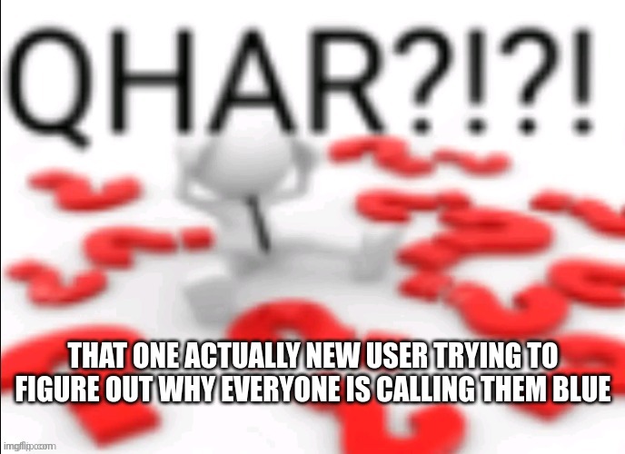 qhar | THAT ONE ACTUALLY NEW USER TRYING TO FIGURE OUT WHY EVERYONE IS CALLING THEM BLUE | image tagged in qhar | made w/ Imgflip meme maker