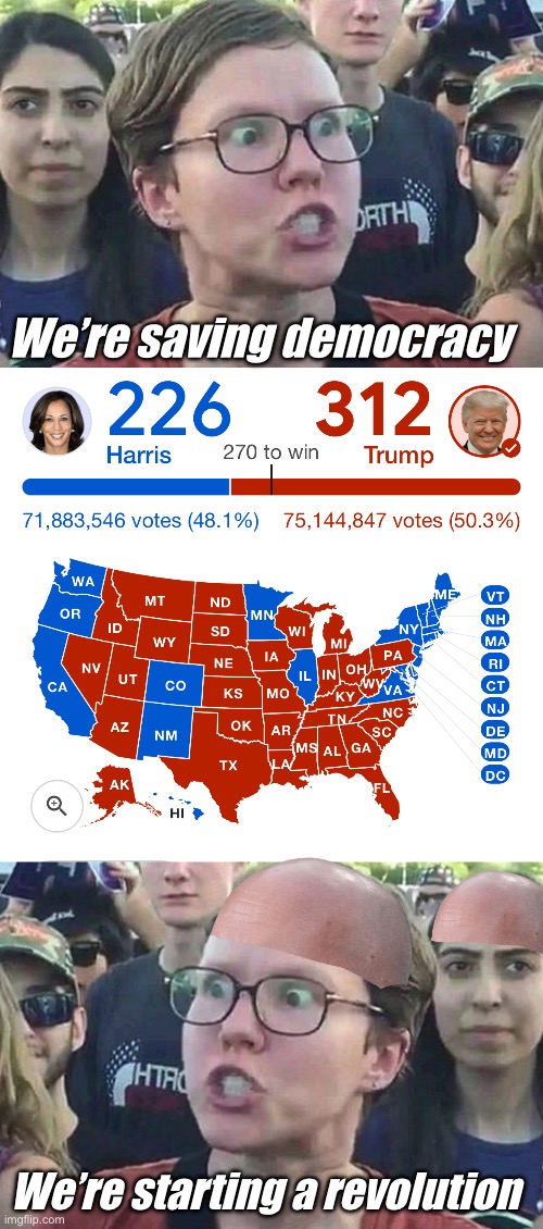 It was never about democracy | We’re saving democracy; We’re starting a revolution | image tagged in triggered liberal,politics lol,memes | made w/ Imgflip meme maker