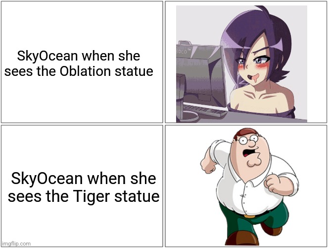 A random meme about university statues in my country and SkyOcean | SkyOcean when she sees the Oblation statue; SkyOcean when she sees the Tiger statue | image tagged in memes,blank comic panel 2x2,skyocean,statues,philippines | made w/ Imgflip meme maker