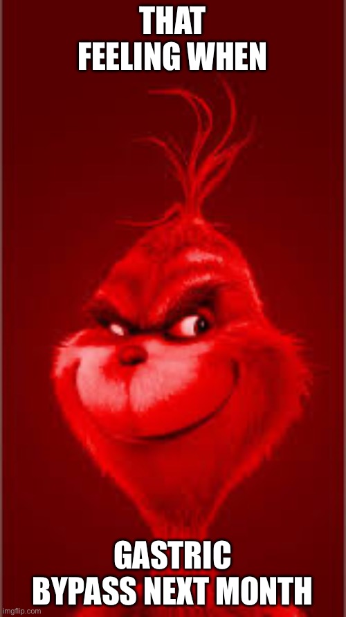 Red Grinch | THAT FEELING WHEN GASTRIC BYPASS NEXT MONTH | image tagged in red grinch | made w/ Imgflip meme maker