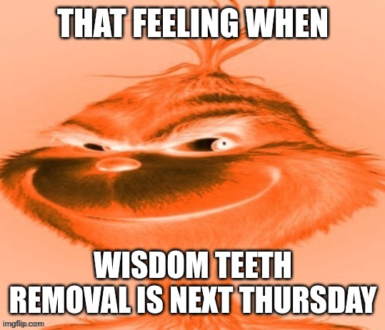 The orange grinch | THAT FEELING WHEN WISDOM TEETH REMOVAL IS NEXT THURSDAY | image tagged in the orange grinch | made w/ Imgflip meme maker