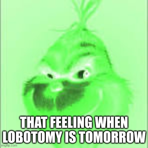 , | THAT FEELING WHEN LOBOTOMY IS TOMORROW | image tagged in purple grinch | made w/ Imgflip meme maker