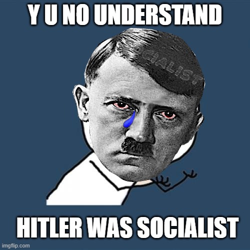 SAD SOCIALIST | Y U NO UNDERSTAND; HITLER WAS SOCIALIST | image tagged in y u no,hitler,crybaby,socialist,national,nazi | made w/ Imgflip meme maker