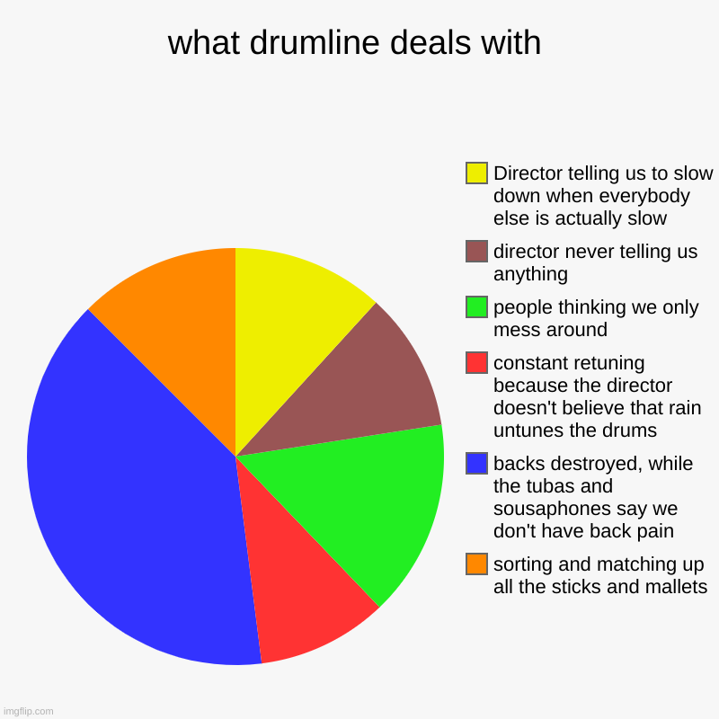 what drumline deals with | sorting and matching up all the sticks and mallets, backs destroyed, while the tubas and sousaphones say we don't | image tagged in charts,pie charts | made w/ Imgflip chart maker