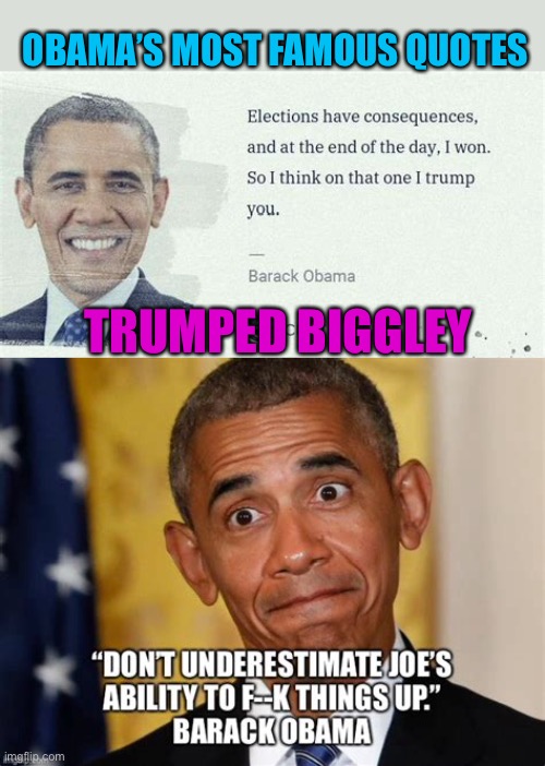 On the heap of Irrelevance | OBAMA’S MOST FAMOUS QUOTES; TRUMPED BIGGLEY | image tagged in gifs,democrats,obama,kamala harris,biden,worthless | made w/ Imgflip meme maker