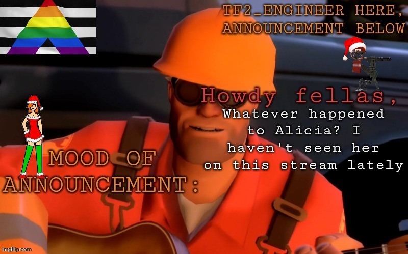 Tf2_Engineer's festivized announcement template | Whatever happened to Alicia? I haven't seen her on this stream lately | image tagged in tf2_engineer's festivized announcement template | made w/ Imgflip meme maker