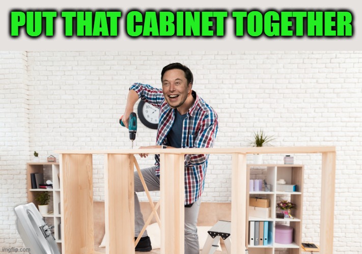 He's On Board | PUT THAT CABINET TOGETHER | image tagged in elon,trump,cabinet | made w/ Imgflip meme maker