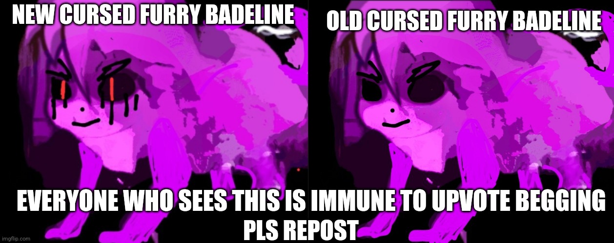 [Title not found] | OLD CURSED FURRY BADELINE; NEW CURSED FURRY BADELINE; EVERYONE WHO SEES THIS IS IMMUNE TO UPVOTE BEGGING; PLS REPOST | image tagged in demonic cursed furry badeline,cursed furry badeline | made w/ Imgflip meme maker