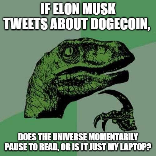 Philosoraptor | IF ELON MUSK TWEETS ABOUT DOGECOIN, DOES THE UNIVERSE MOMENTARILY PAUSE TO READ, OR IS IT JUST MY LAPTOP? | image tagged in memes,philosoraptor | made w/ Imgflip meme maker